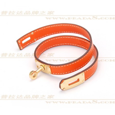 Hermes Rivale Double Wrap Orange Bracelet In Gold